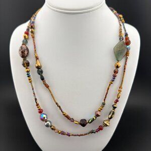 Multi-Color Beaded Necklace With Green Gemstone & Glass Beads Layered Boho Desig